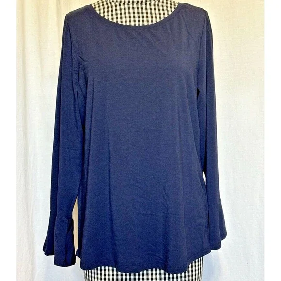 Chico's Navy Blue Bell Sleeve Pima Cotton Modal Tunic Top Size 2 Large - Picture 1 of 7